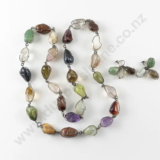 Single Strand Uniform Wire Bound Mixed Quartz Gems Necklace with Earrings