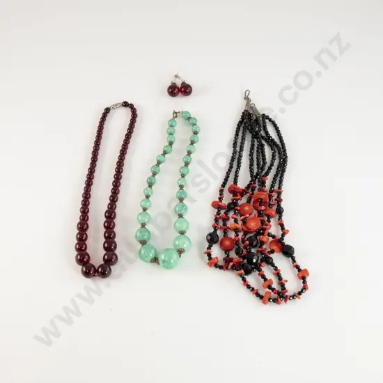 Three Various Bead Necklaces and Pair Cherry Amber Earrings