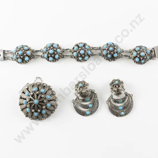 Mexican Silver Filigree and Turquoise Bracelet