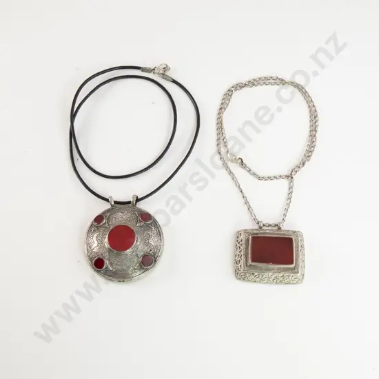 Two Vintage Afghanistan/Pakistan Tribal Silver and Carnelian and Glass Pendants