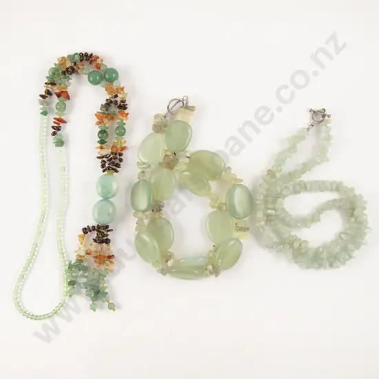 Single Strand Pale Green Beaded Quartz Necklace and Two Beaded Necklaces