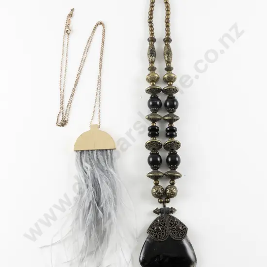 Two Modern Pendants One with Ostrich Feathers on 9ct Fine Curb Link Chain