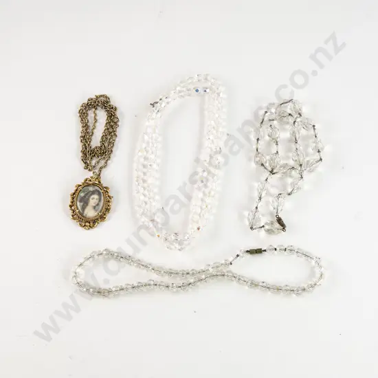 Three Vintage Crystal Necklaces Together with Portrait Pendant