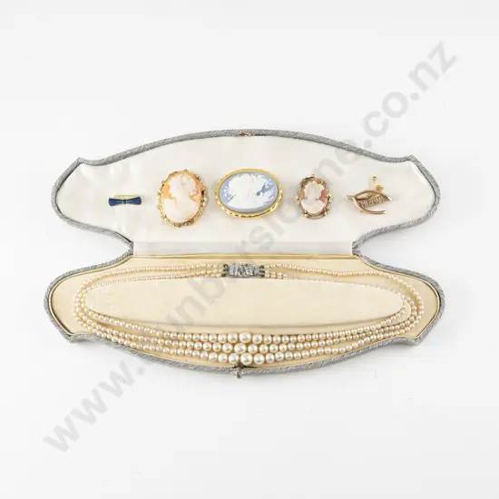 Vintage Lotus Imitation Triple Strand Pearl Necklace in Original Box