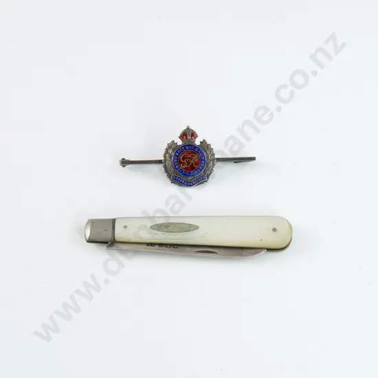 S/S MOP Pocket Knife and Silver and Enamel Royal Engineers 'Sweetheart' Brooch