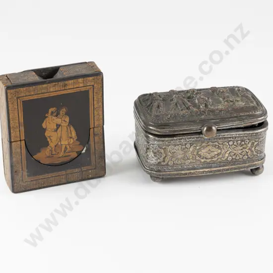 Late C19th Silver Plate on Copper Repousse Trinket Box and Tunbridge Ware Watch Stand