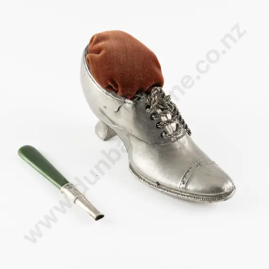 Late Vict White Metal Shoe Pin Cushion and Greenstone Handle Piece