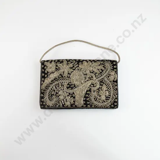 Vintage Heavily Silver Thread Embroidered Evening Purse