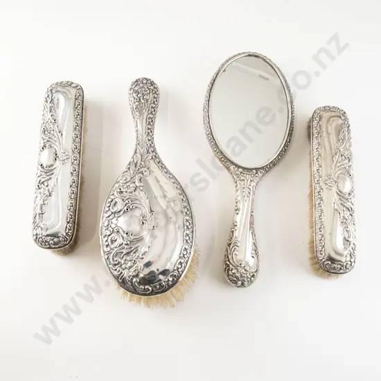 Late Vict S/S Ornately Embossed 4pce Dressing Table Vanity Set