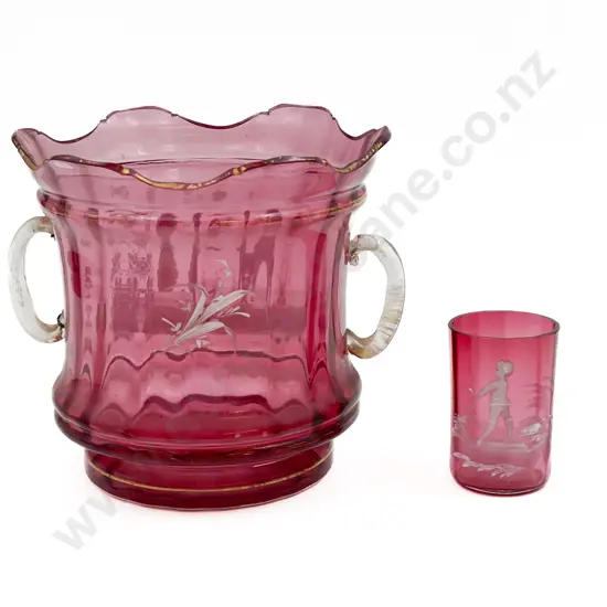 Mary Gregory Cranberry Glass Wine Bucket and Small Cup