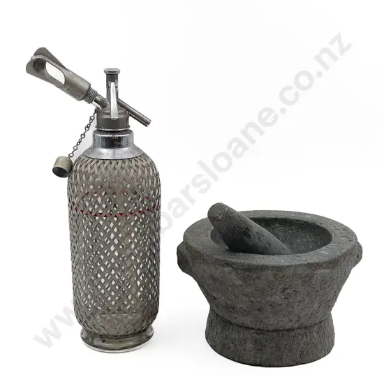 Mortar and Pestle Together with Soda Syphon