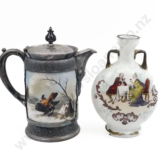 Plated and Opaque Glass Jug Together with Hand Painted Vase