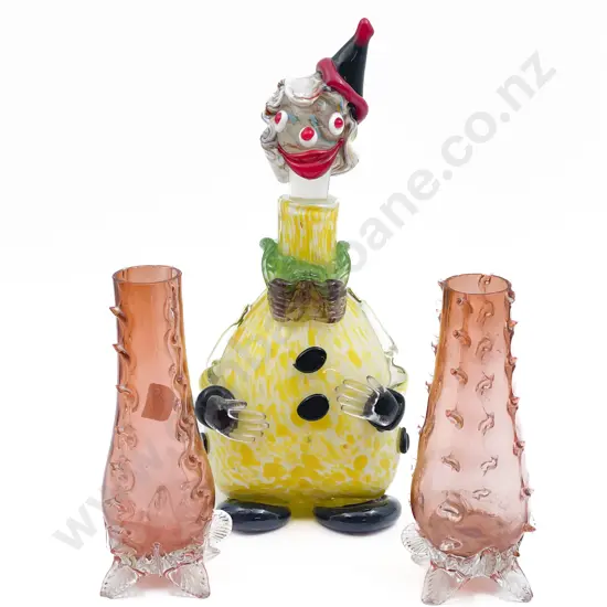 Murano Art Glass Clown Decanter Together with Pair of Vases