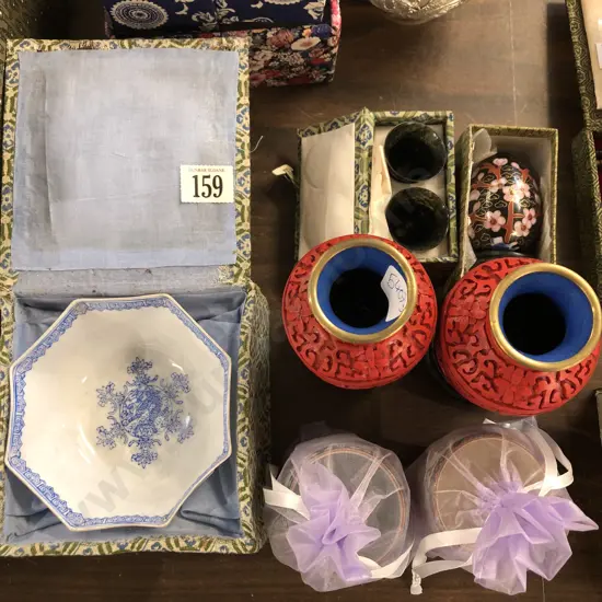 Pair of Cinnabar Lacquer Vases Together with Cloisonné Egg and Other