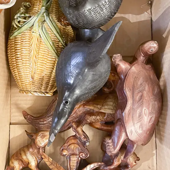 Box of Assorted Wooden Animal Ornaments etc