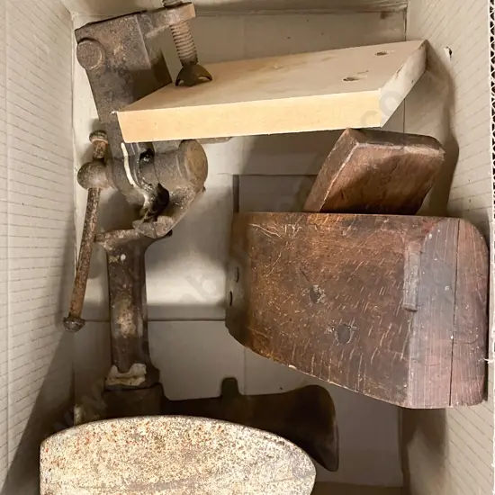 Box of Assorted Vintage Including Wooden Plane and Vice Clamp etc