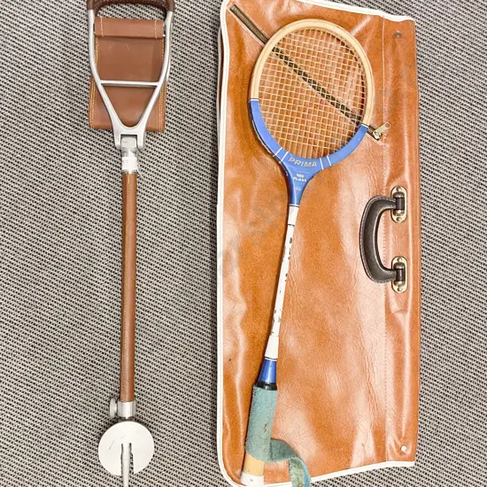 Vintage Shooting Stick Together with Vintage Racket and Bag