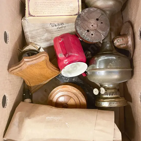 Box of Assorted Vintage Metal and Woodware
