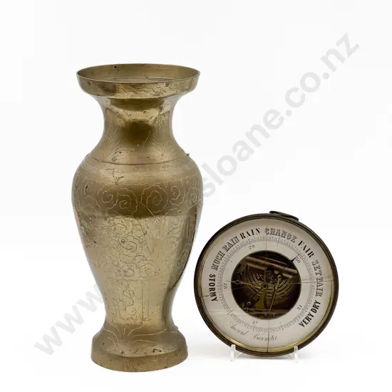 Vintage Circular Barometer and Brass Vase (faults)