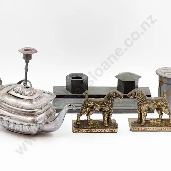 Box of Assorted Including Brass Dog Form Bookends etc