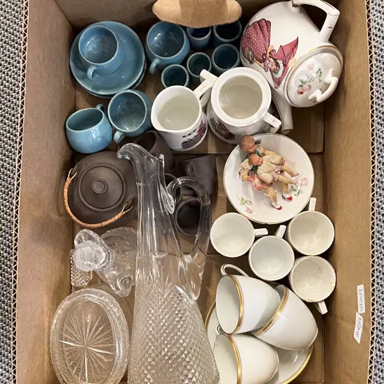 Box of Assorted Including Miniature Tea Sets and Pressed Glassware etc