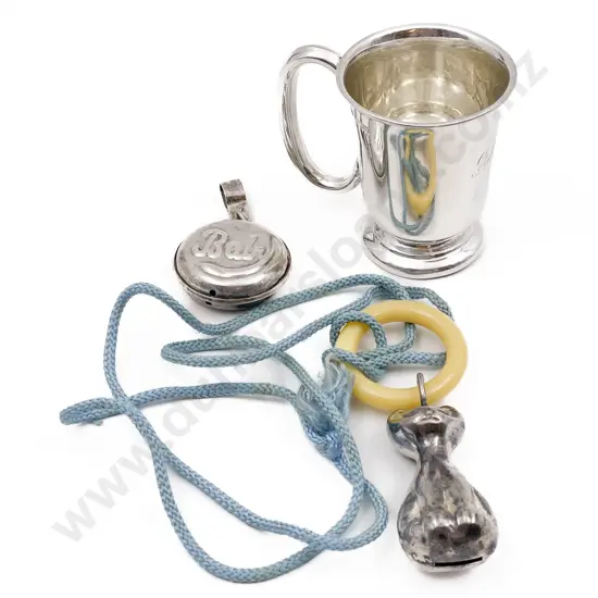 S/S Christening Mug Together with Two Vintage Baby Rattles