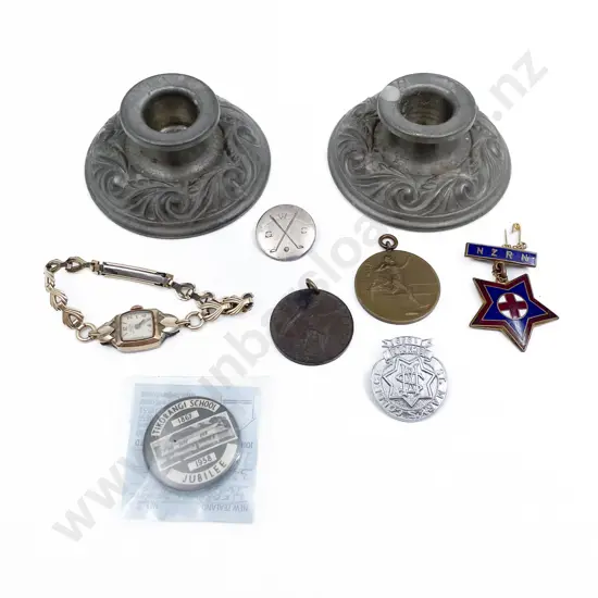 Five Various Vintage Badges with Penny Pendant ladies wrist watch and pair candle holders