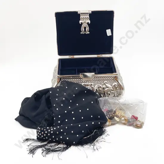 Jewellery Box with Assorted Costume Jewellery and Sequined Scarf