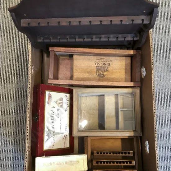 Box of Assorted Including Display Case Spoon Rack Cigar Boxes etc