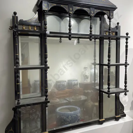 Ebonised Sectional Over Mantle Mirror with Whatnot Shelves