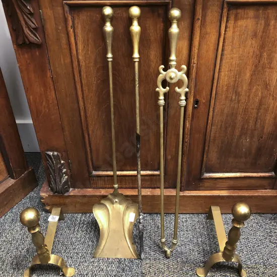 Three Piece fire Tidy Set Together with Pair of Fire Dogs