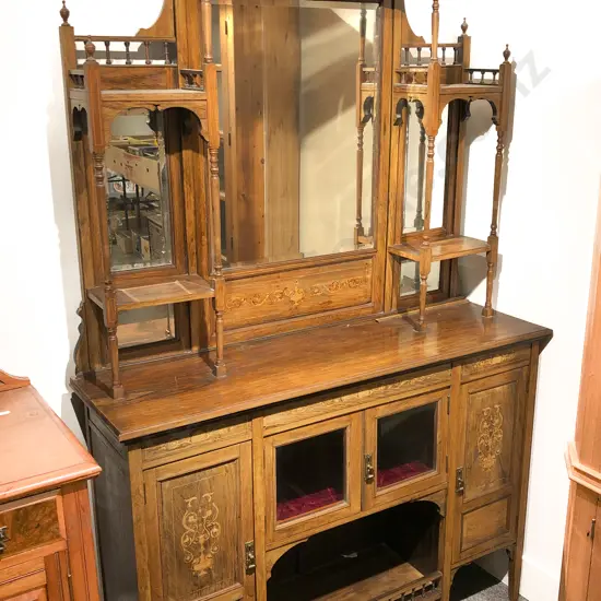 Late Victorian Rosewood & Inlaid Sideboard with Shelved and Mirrored Gallery Back