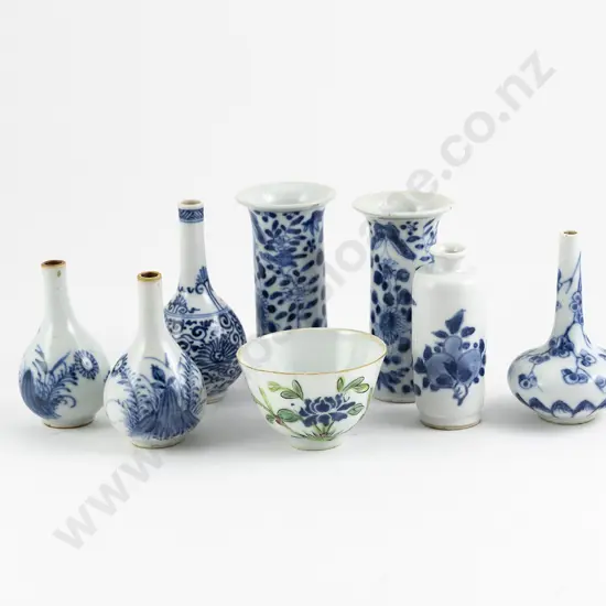 A Collection Of Seven Miniature Chinese Blue and White Vases And Wine Cup