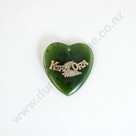 NZ 9ct Gold Mounted 'Kiaora' Greenstone Heart Pendant
