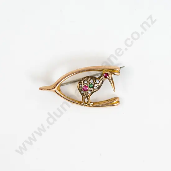 NZ Colonial 9ct Wish Bone Kiwi Brooch