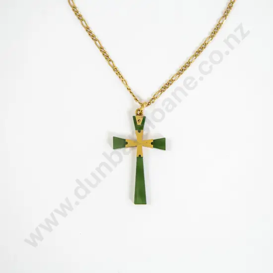 NZ 9ct Gold Mounted Greenstone Cross