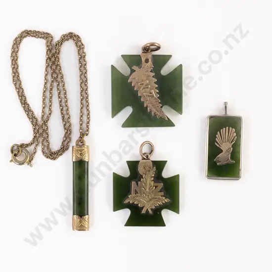 Three Gold Mounted Greenstone Pendants