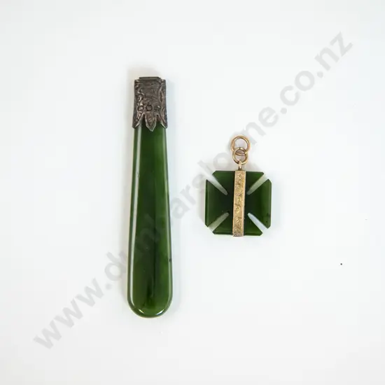 NZ 9ct Gold Mounted Greenstone Pendant and Greenstone Fob