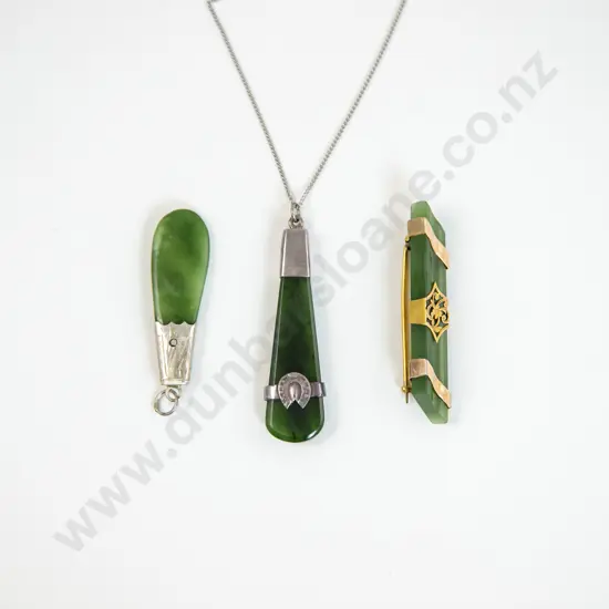 9ct Greenstone Bar Brooch with Two S/S Mounted Pendants
