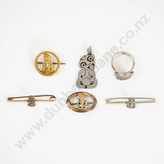 NZ Three 9ct Tiki Brooches Together with S/S Tiki Pendant