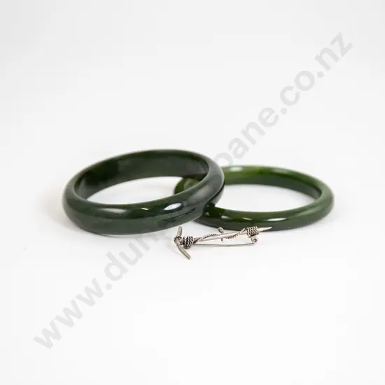 Two Greenstone Bangles Together with S/S Pick Axe Brooch
