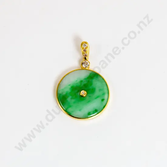 18ct Apple Green Jade and Diamond Disk Pendant
