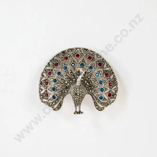 S/S Marcasite Ruby and Emerald Crystal Peacock Brooch