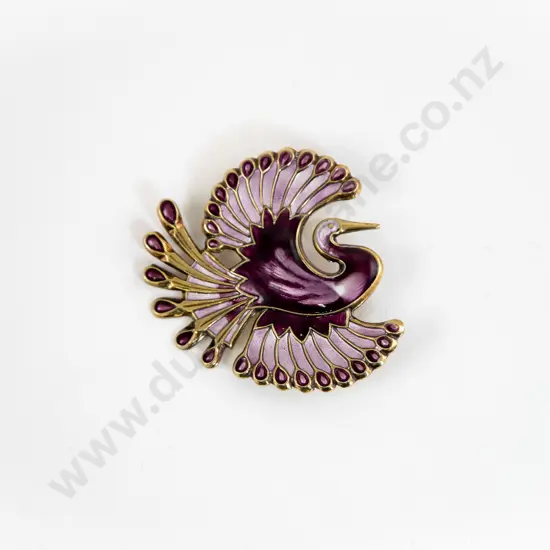 Norwegian Jeweller David Andersen .925 Silver and Enamel Peacock Brooch