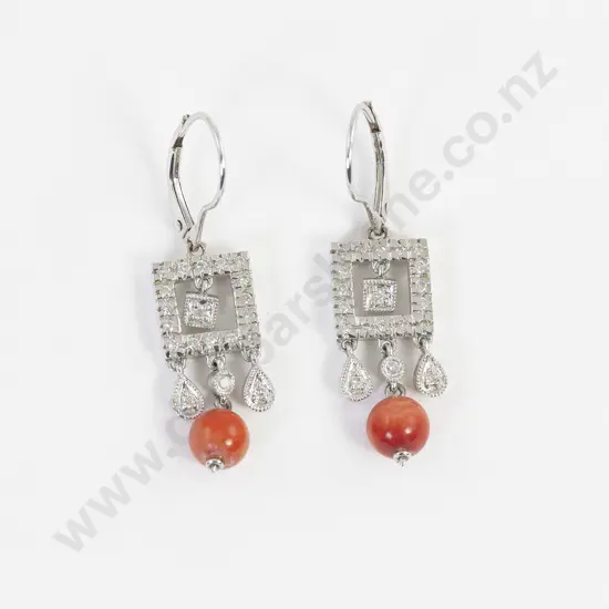 Pair 14ct Coral and Diamond Drop Earrings
