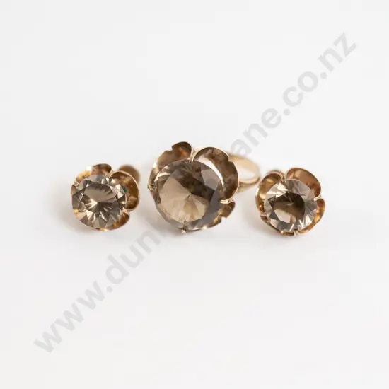 10k Smoky Quartz Dress Ring and Pair of Earrings
