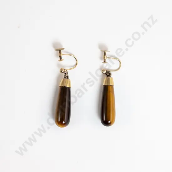 Pair 9ct Mounted Tiger Eye Lozenge Form Pendant Earrings