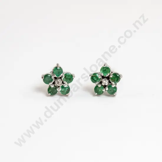 Pair 18ct White Gold Emerald and Diamond Floret Cluster Earrings