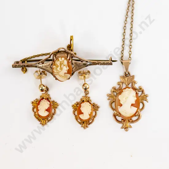 9ct Framed Classical Portrait Cameo Pendant with Brooch and Earrings