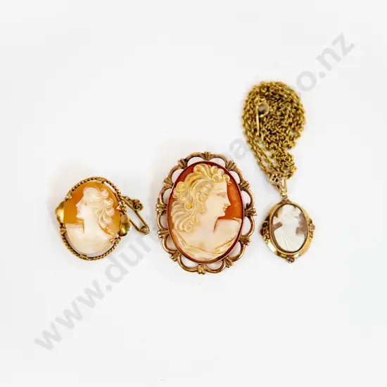 Two 9ct Framed Cameo Brooches and One 10ct Cameo Pendant